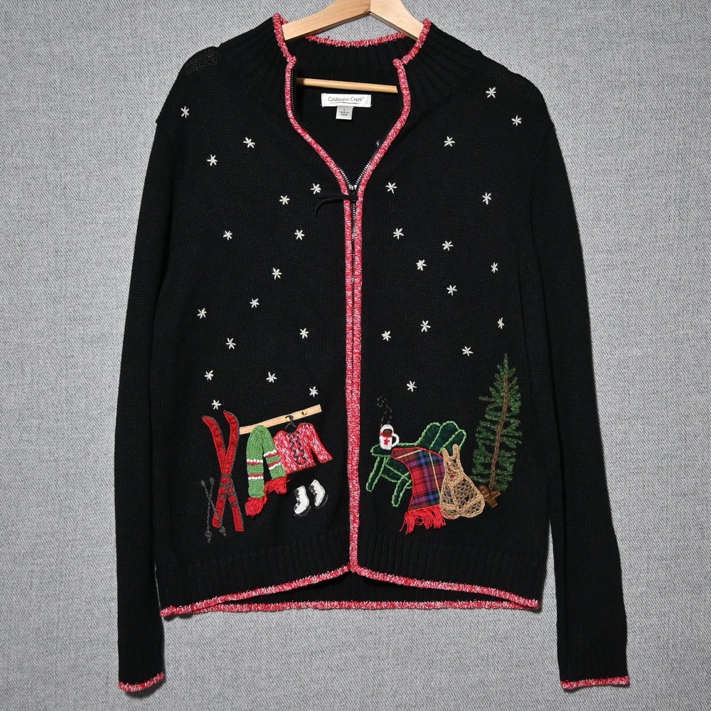 Coldwater Creek Cardigan Women L Winter Ski Embroidered Zip Black
